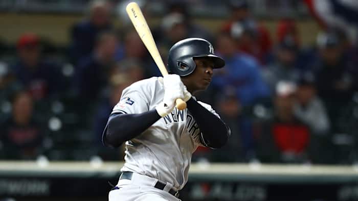 Didi Gregorious hits an RBI single during the ninth inning of game three of the 2019 ALDS playoff baseball series against the Minnesota Twins at Target Field.